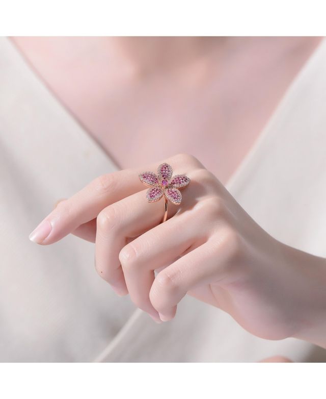 Sterling Silver 18K Rose Plated Clear and Red Cubic Zirconia Flower Coctail Ring