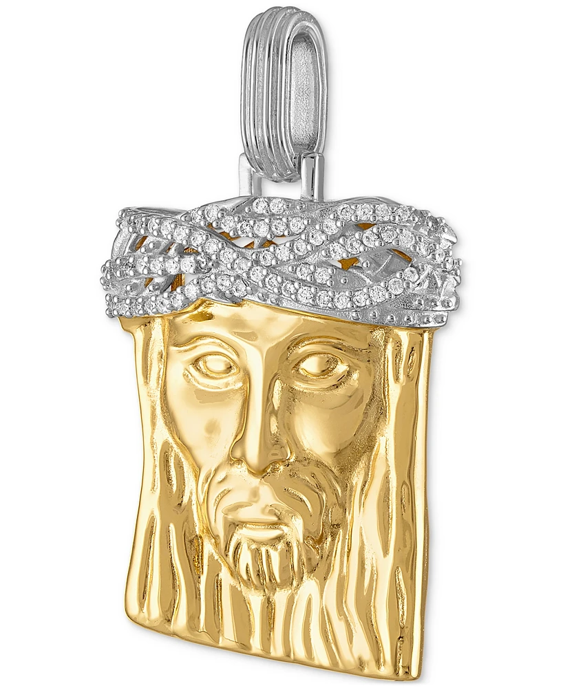 Esquire Men's Jewelry Cubic Zirconia Jesus Portrait Pendant in Sterling Silver & 14k Gold-Plate, Created for Macy's
