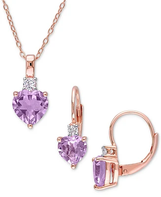 2-Pc. Set Pink Amethyst (3-1/2 ct. t.w.) & Lab-Grown White Sapphire (1/3 ct. t.w.) Heart Pendant Necklace & Matching Leverback Drop Earrings in Rose-P