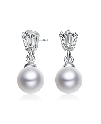 Gv Sterling Silver White Gold Plated White Round Freshwater Pearl with Clear Baguette Cubic Zirconia Drop Earrings