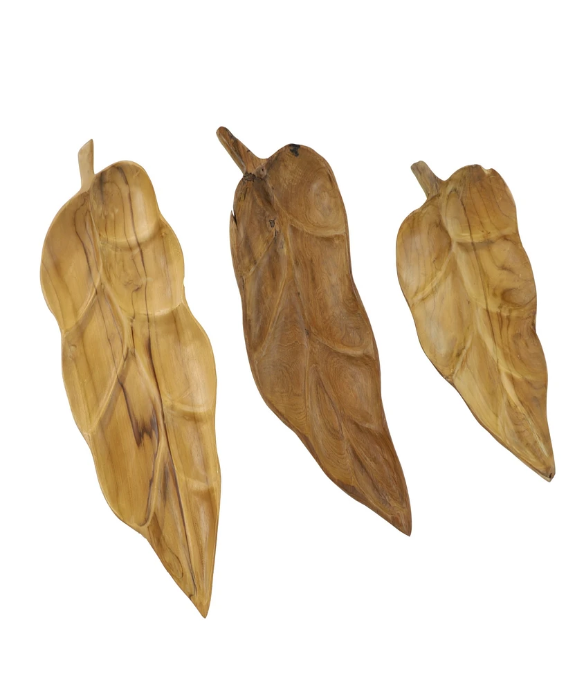 Rosemary Lane Teak Wood Live Edge Leaf Tray, Set of 3, 22", 21", 15" W