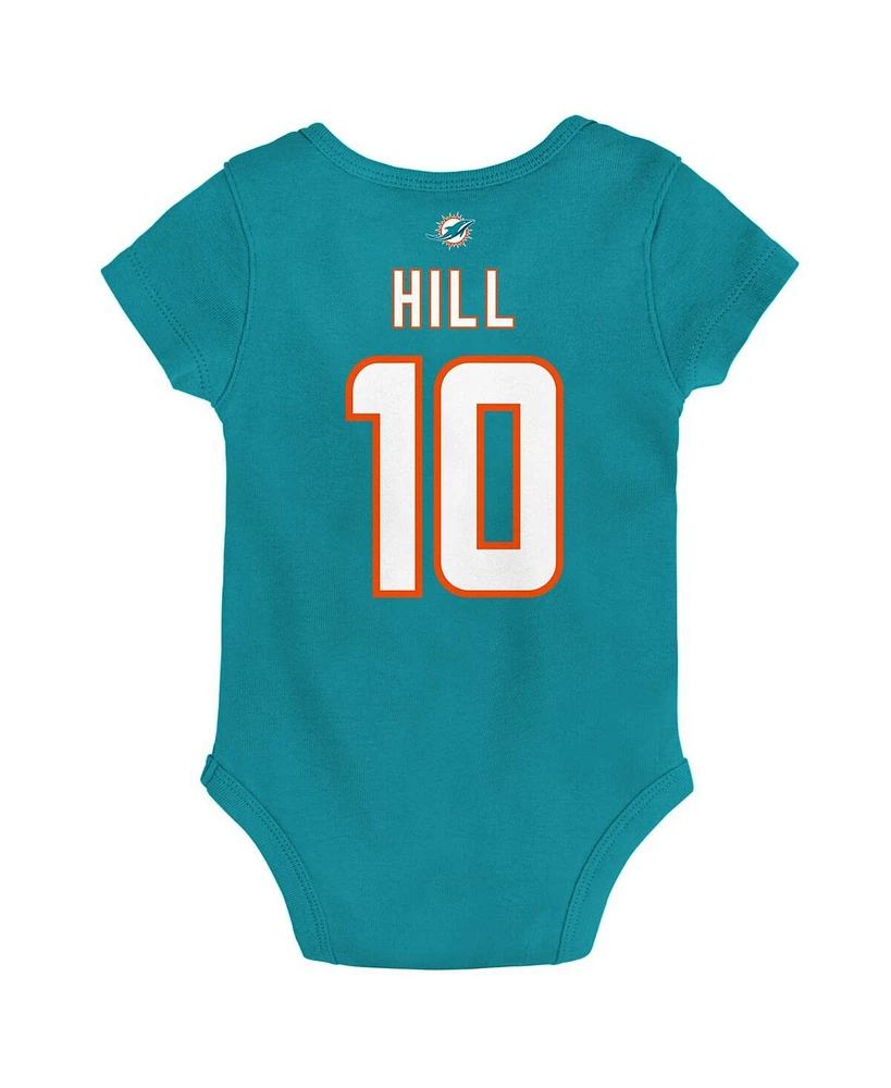Newborn and Infant Navy Boys Girls Tyreek Hill Aqua Miami Dolphins Mainliner Player Name Number Bodysuit
