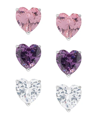 Macy's Silver Plated Brass Pink, Purple and White Cubic Zirconia Heart Stud Earrings Set