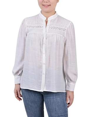 Ny Collection Petite Crochet Long Sleeve Blouse