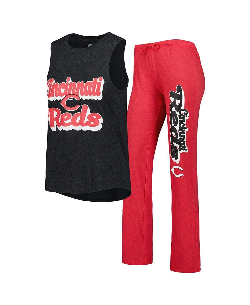 Women's Concepts Sport Heather Red, Heather Black Cincinnati Reds Wordmark Meter Muscle Tank Top and Pants Sleep Set