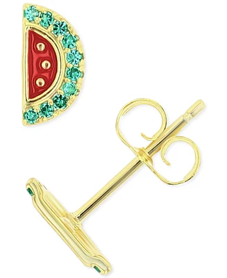 Cubic Zirconia & Enamel Watermelon Stud Earrings 14k Gold-Plated Sterling Silver