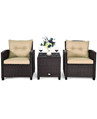 3PCS Patio Rattan Furniture Set Cushioned Sofa Coffee Table Garden
