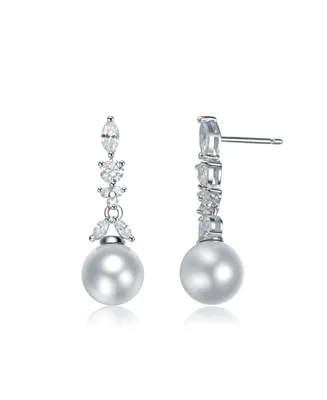 Sterling Silver White Gold Plated White Round Pearl Drop Earrings