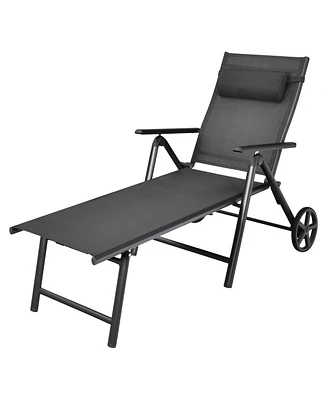 Costway Patio Lounge Chair W/ Wheels Neck Pillow Aluminum Frame Adjustable