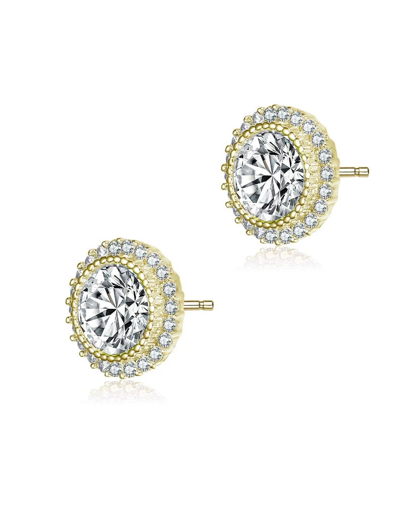 Sterling Silver Round Cubic Zirconia Milgrain Set Halo Stud Earrings