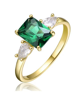 Sterling Silver 14k Yellow Gold Plated with Green & Cubic Zirconia 3-Stone Statement Ring