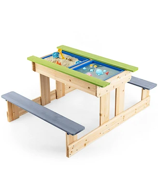 3-in-1 Kids Picnic Table Outdoor Wooden Water Sand Table w/ Play Boxes