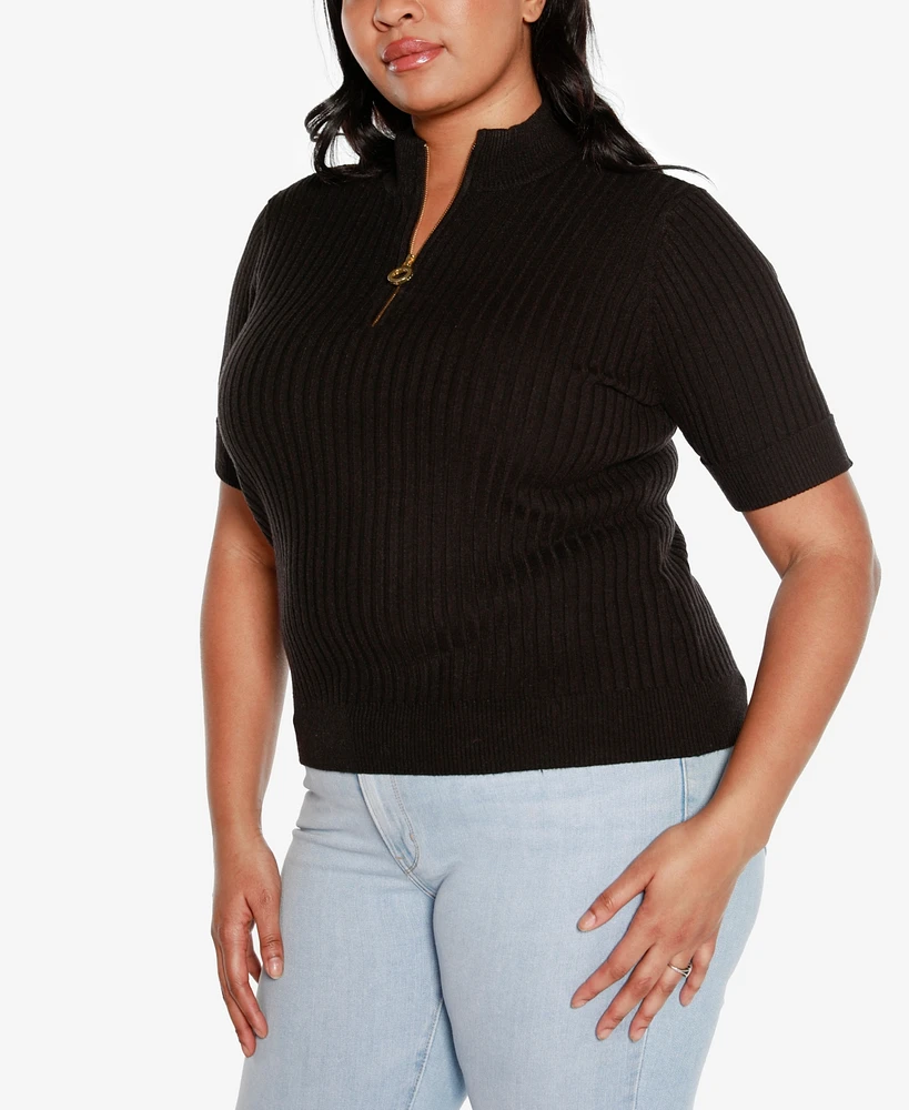 Belldini Black Label Plus Mock Neck Zip Front Ribbed Short Sleeve Sweater