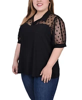 Ny Collection Plus Size Short Sleeve Top with Dotted Mesh