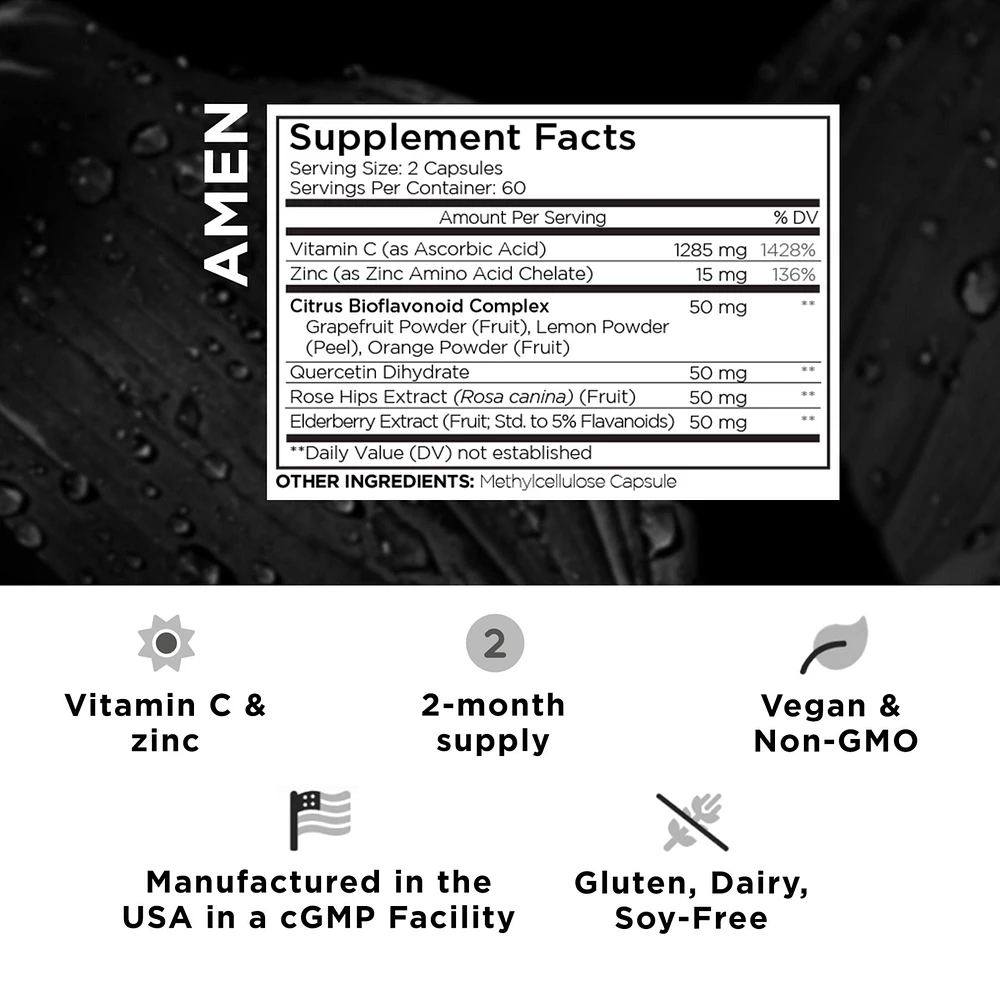 Amen Vitamin C+ Supplement with Zinc, Bioflavonoids, Quercetin, Rose Hips, Elderberry, Non-gmo, 2 Months Supply - 120 Capsules