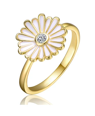 Ra Young Adults/Teens 14k Yellow Gold Plated with Cubic Zirconia White Enamel Daisy Flower Ring
