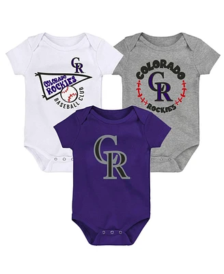 Infant Boys and Girls Purple, White, Heather Gray Colorado Rockies Biggest Little Fan 3-Pack Bodysuit Set