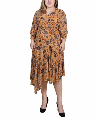 Ny Collection Plus 3/4 Sleeve Belted Chiffon Handkerchief Hem Dress