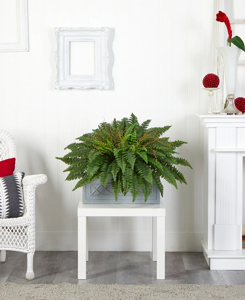Nearly Natural Boston Fern Artificial Plant in Stone Planter