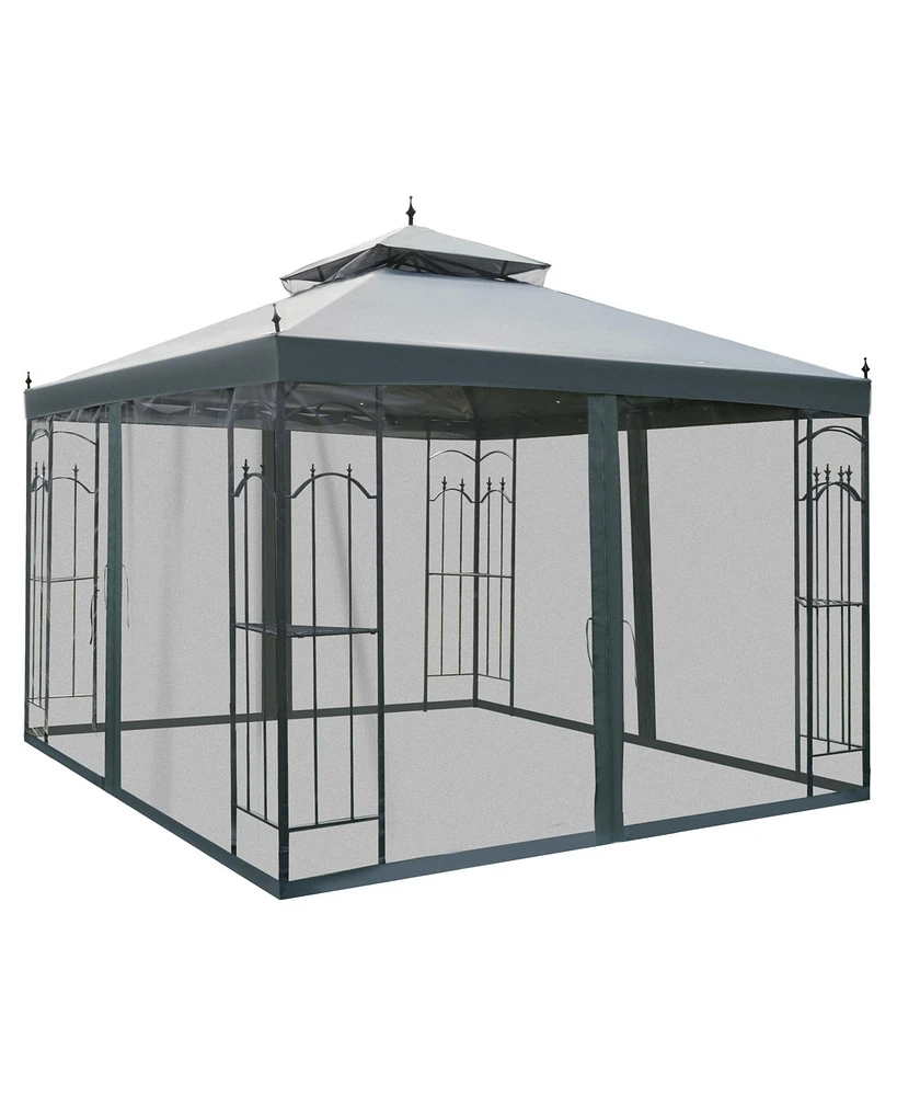 Outsunny 10' x 10' Steel Outdoor Patio Gazebo Canopy with Removable Mesh Curtains, Display Shelves, & Steel Frame, Grey