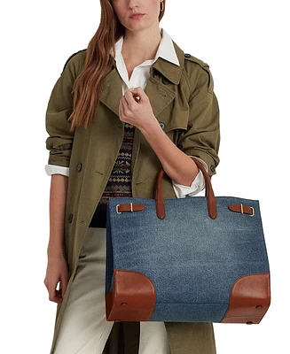Lauren Ralph Lauren Devyn Denim with Leather Trim Large Tote Bag