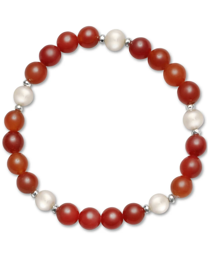 Dyed Green Jade, Cultured Freshwater Pearl (8mm) & Hematite Stretch Bracelet (Also Lavender Red Charcoal Ginger Jade)