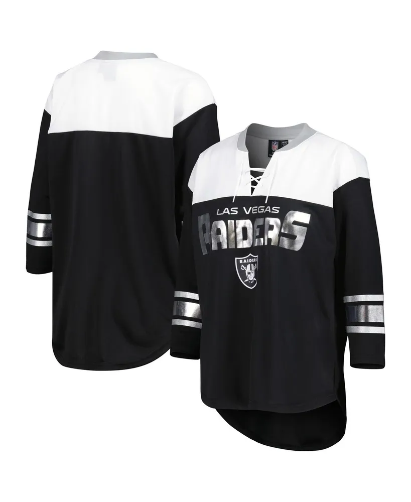 Women's G-iii 4Her by Carl Banks Black, White Las Vegas Raiders Double Team 3/4-Sleeve Lace-Up T-shirt