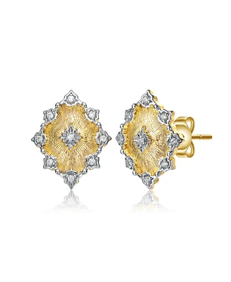 Modern 14K Gold Plated and Cubic Zirconia Floral Stud Earrings