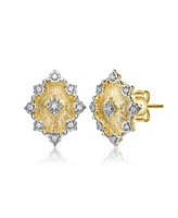 Modern 14K Gold Plated and Cubic Zirconia Floral Stud Earrings