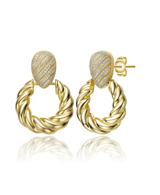 14k Yellow Gold Plated with Cubic Zirconia Pave Twisted Rope Drop Hoop Door Knocker Earrings