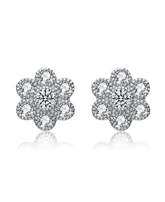 Cubic Zirconia Sterling Silver Flower Shape Stud Style Earrings