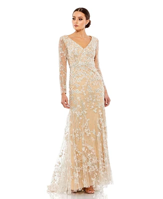Mac Duggal Women's Embroidered V Neck Long Sleeve Trumpet Gown