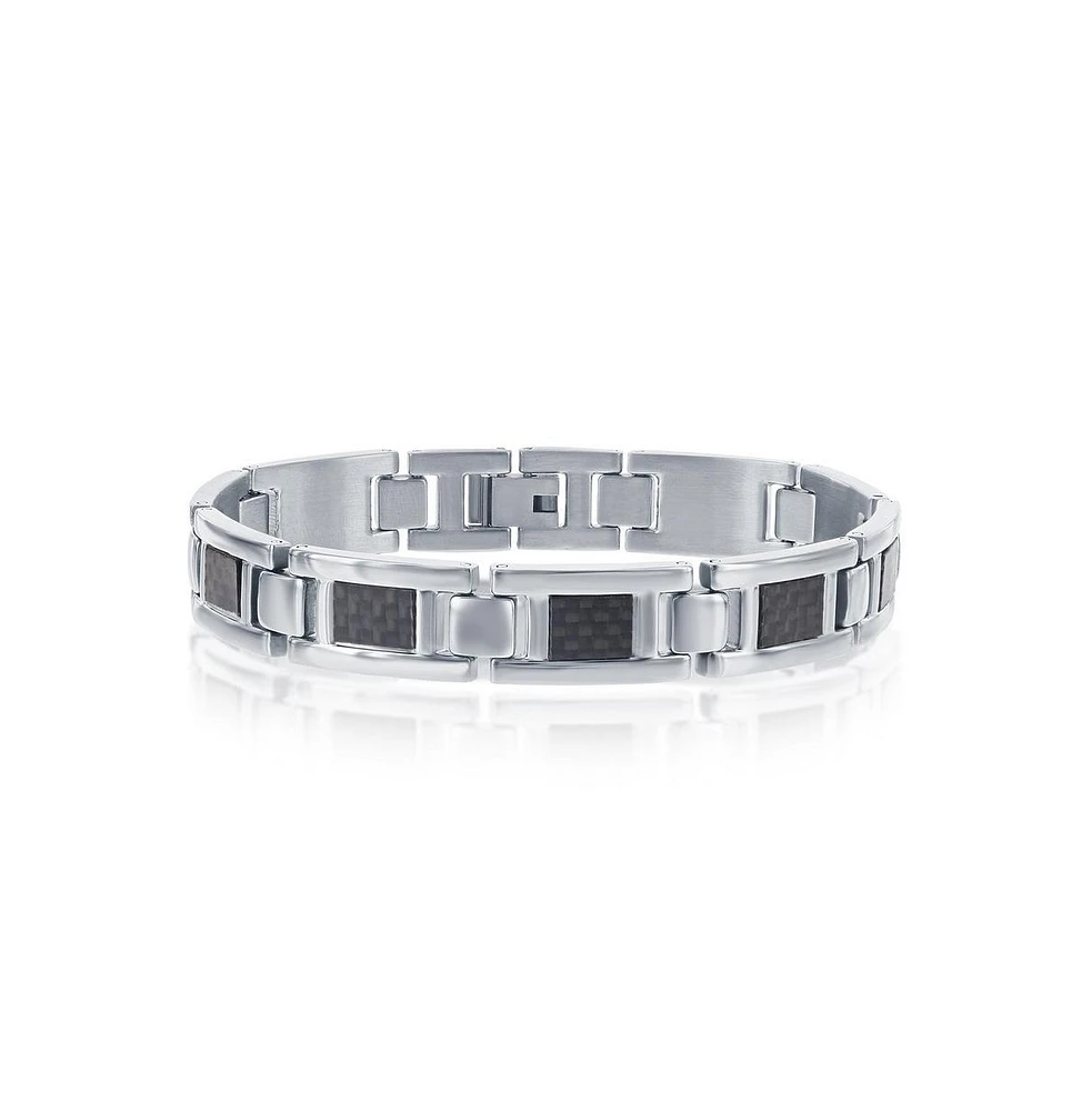 Metallo Mens Stainless Steel Black Carbon Fiber Link Bracelet
