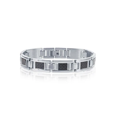 Metallo Mens Stainless Steel Black Carbon Fiber Link Bracelet