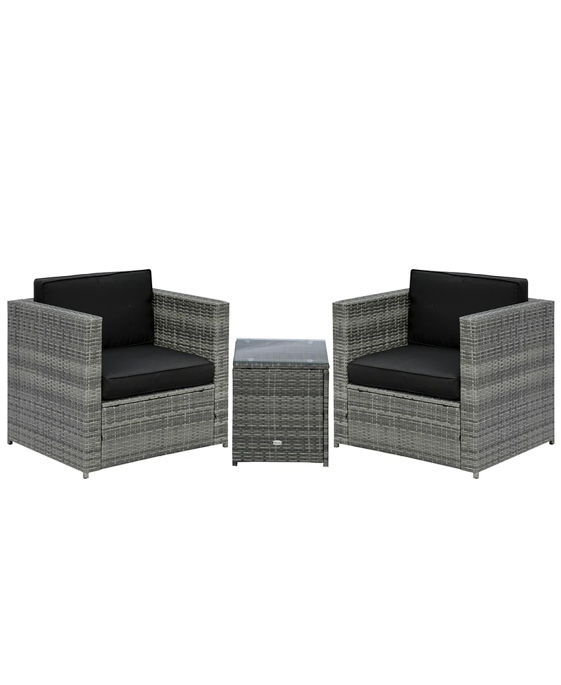 Outsunny Wicker Bistro Patio Set, 2 Porch Chairs & Glass Table,