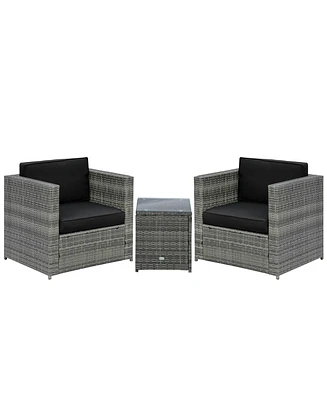 Outsunny Wicker Bistro Patio Set, 2 Porch Chairs & Glass Table,