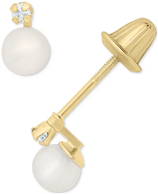 Children's Cultured Freshwater Pearl (4mm) & Diamond Accent Stud Earrings in 14k Gold