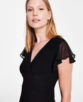 Tommy Hilfiger Women's V-Neck Chiffon-Trim Midi Dress with Flutter Sleeves