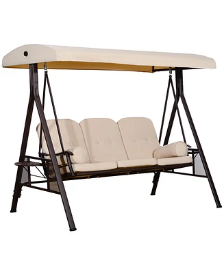 Outsunny Outdoor Patio 3-Person Steel Canopy Cushioned Seat Bench Swing with Included Side Trays & Padded Comfort