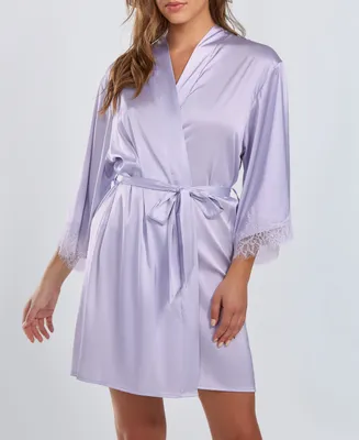 iCollection Women's Kate Satin Robe with Eyelash Lace Trim