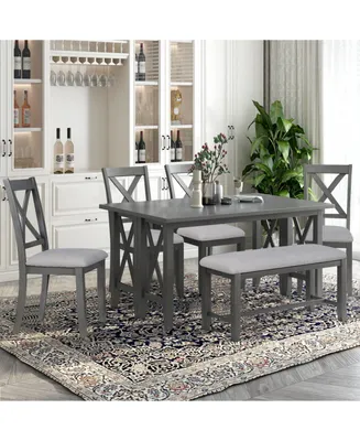 6-Piece Family Dining Room Set Solid Wood Space Saving Foldable Table And 4 Chairs With Bench