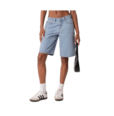 Edikted Women's Low Rise Bermuda Denim Carpenter Shorts