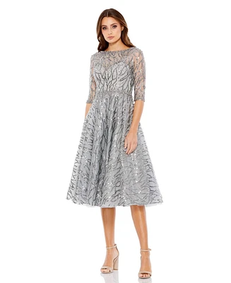 Mac Duggal Women's Embellished 3/4 Sleeve A Line Dress