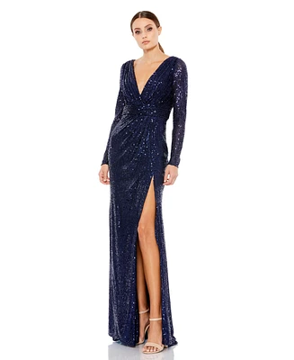 Mac Duggal Women's Floor-Length Sequin Gown Featuring Long Sleeves and Sheer Accents
