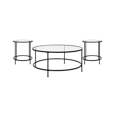 Merrick Lane Newbury Round Glass Coffee Table Set - 3 Piece Glass Table Set With Metal And Vertical Legs