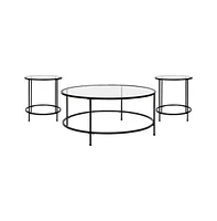 Merrick Lane Newbury Round Glass Coffee Table Set - 3 Piece Glass Table Set With Metal And Vertical Legs