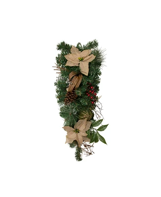 28" Mixed Pine Berry and Poinsettia Artificial Christmas Teardrop Swag - Unlit