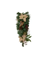 28" Mixed Pine Berry and Poinsettia Artificial Christmas Teardrop Swag - Unlit