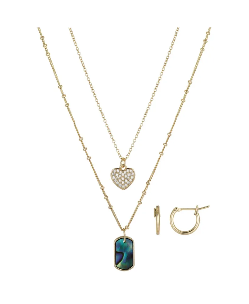 Unwritten Pave Crystal Heart and Genuine Abalone Stone Necklace and Earring Set, 4 Piece