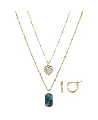 Unwritten Pave Crystal Heart and Genuine Abalone Stone Necklace and Earring Set, 4 Piece